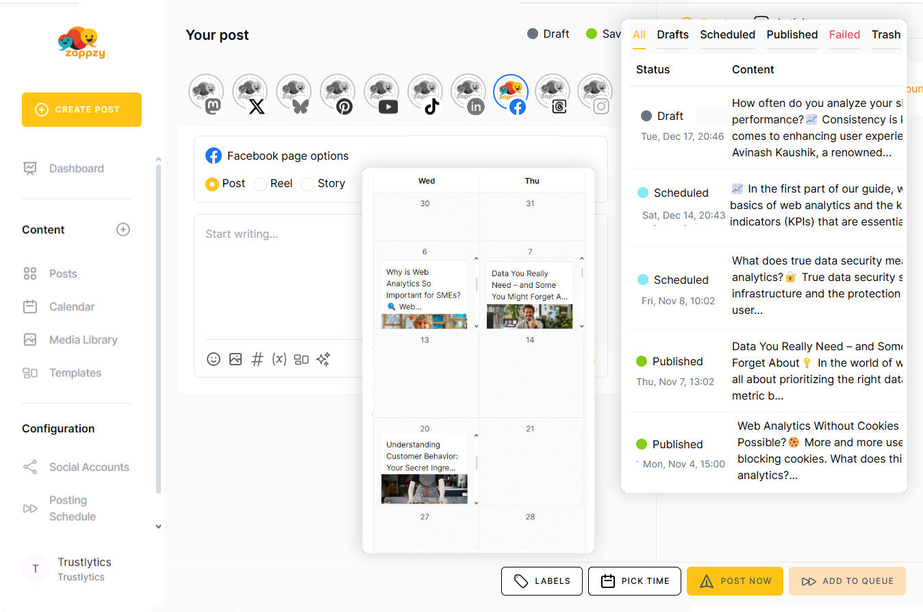 With zappzy, you can schedule posts, track performance, and soon even manage comments and messages—all from one place.