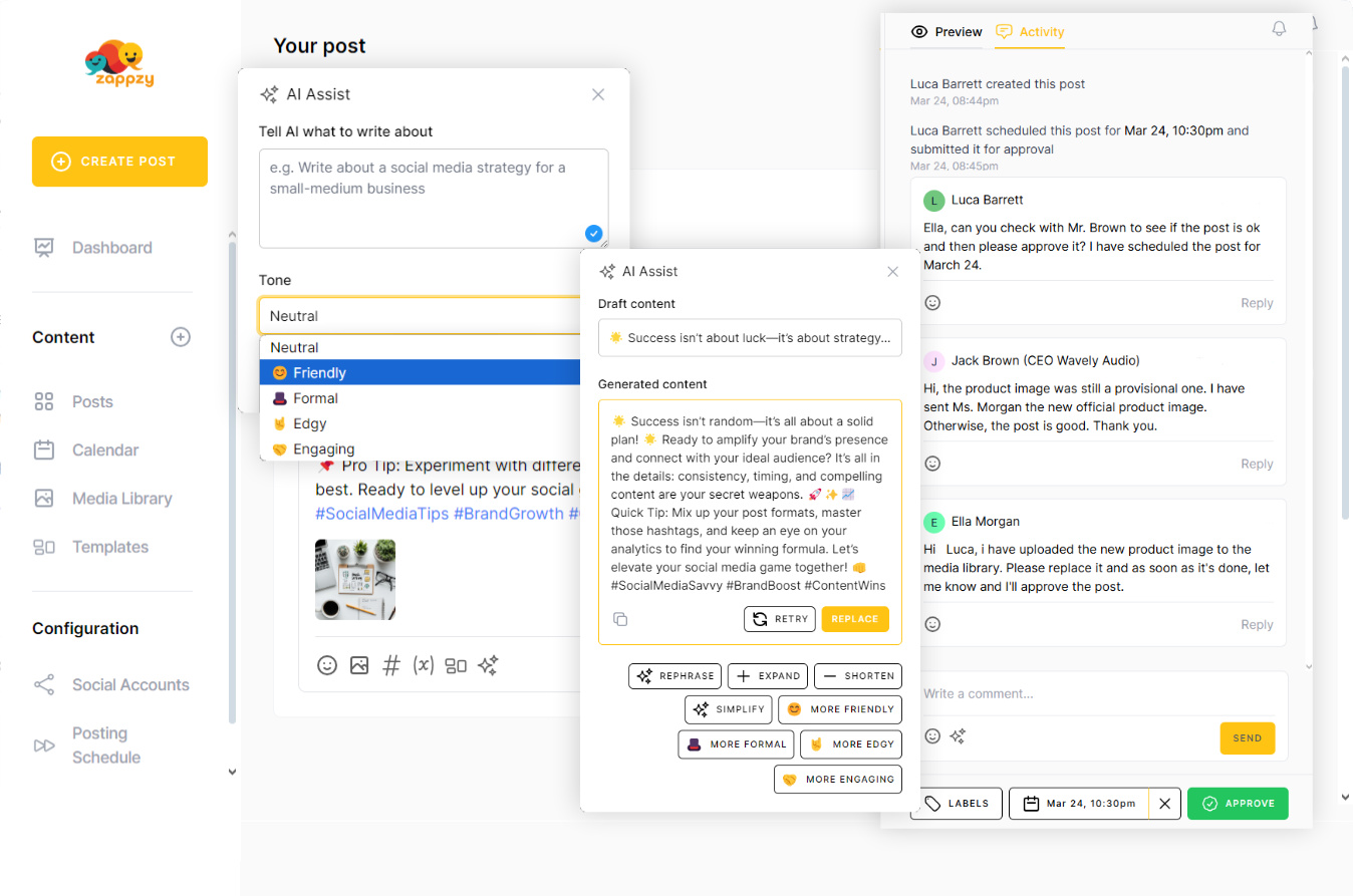 The zappzy AI assistant is your ultimate personal social media team!