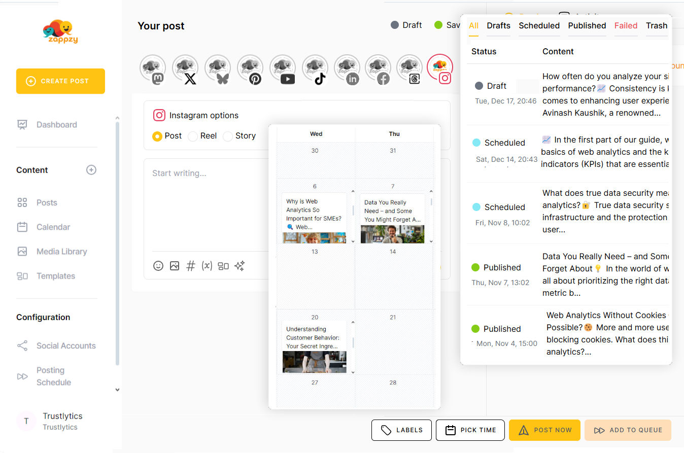 With zappzy, you can auto-schedule posts, boost engagement with AI, track performance, and even manage comments and DMs—without switching between apps