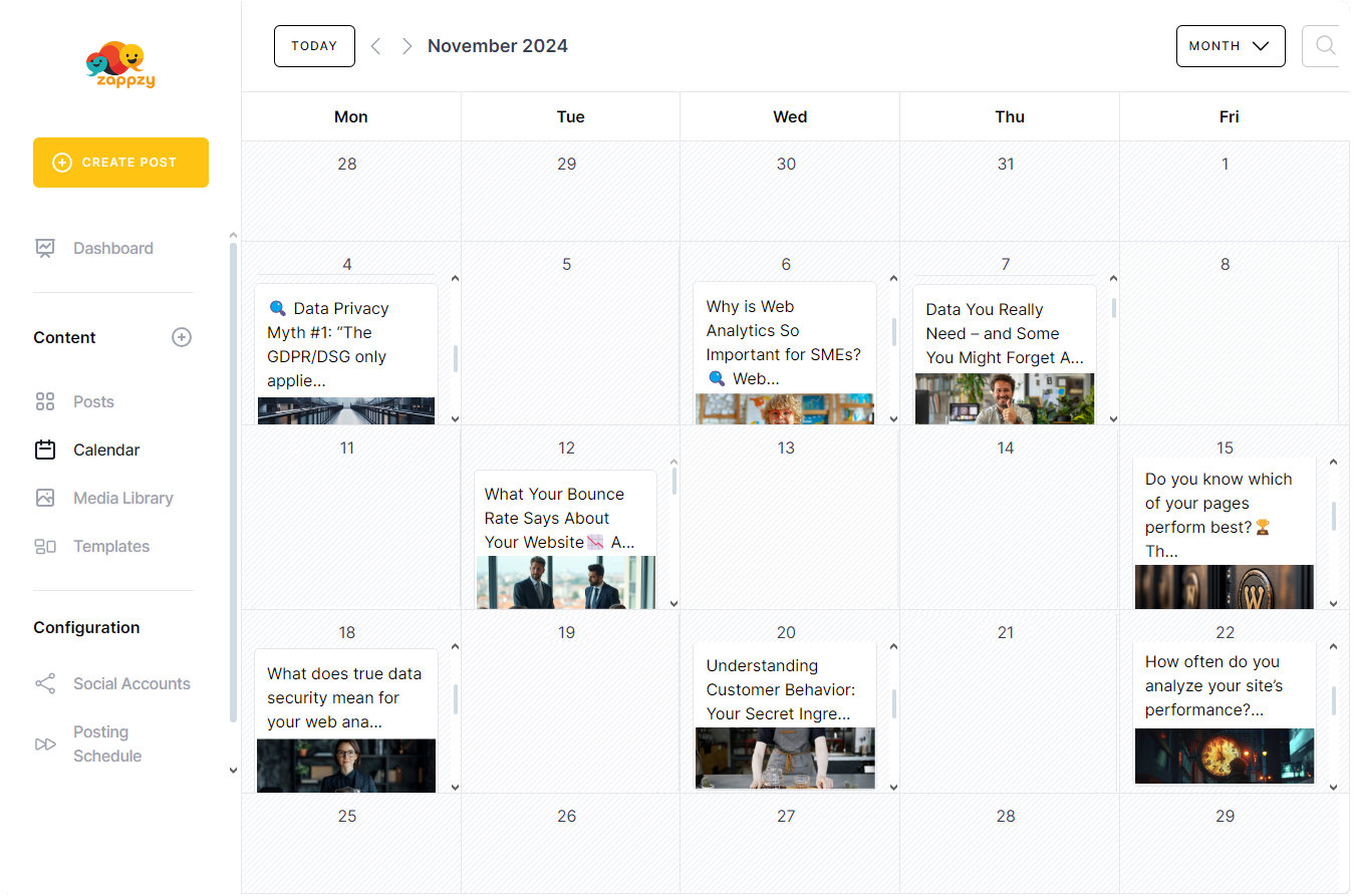 The zappzy content calendar gives you complete control over your posting schedule.