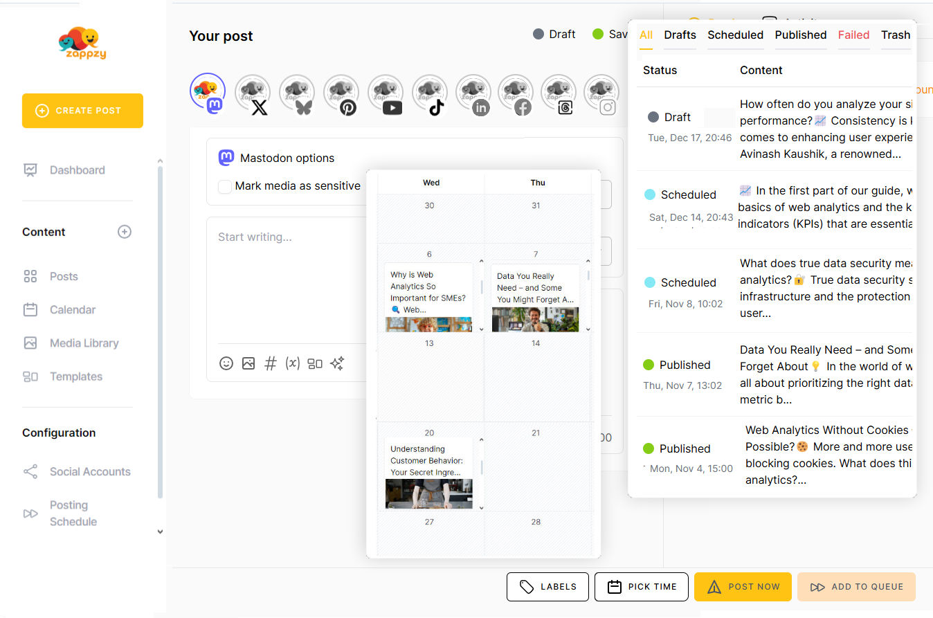 With zappzy, you can plan, schedule, and track your Mastodon activity in one streamlined dashboard.