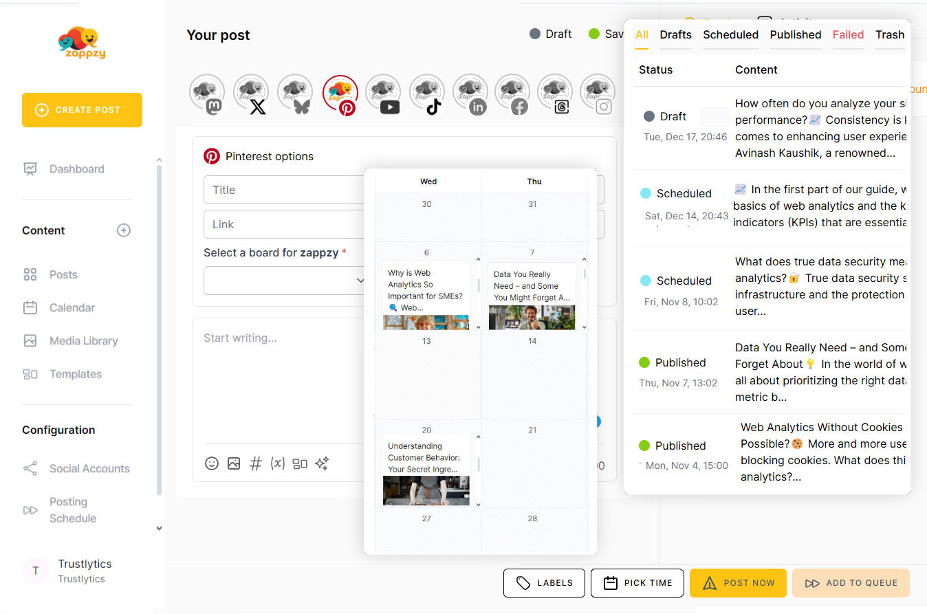 zappzy lets you schedule, organize, and track all your Pins from one place.