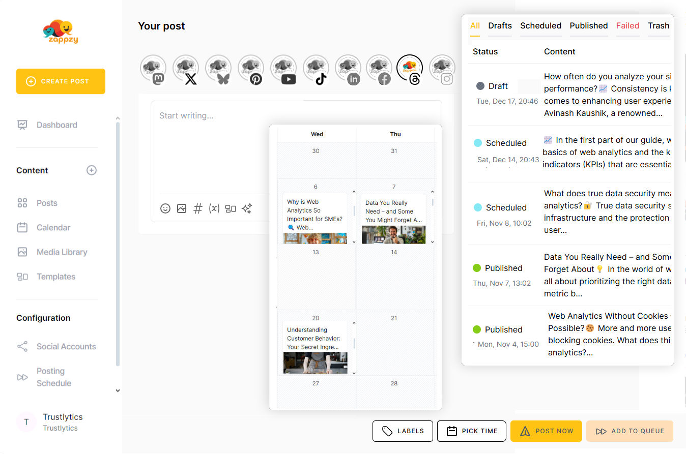 With zappzy, you can plan, schedule, and track your Threads in one streamlined dashboard.