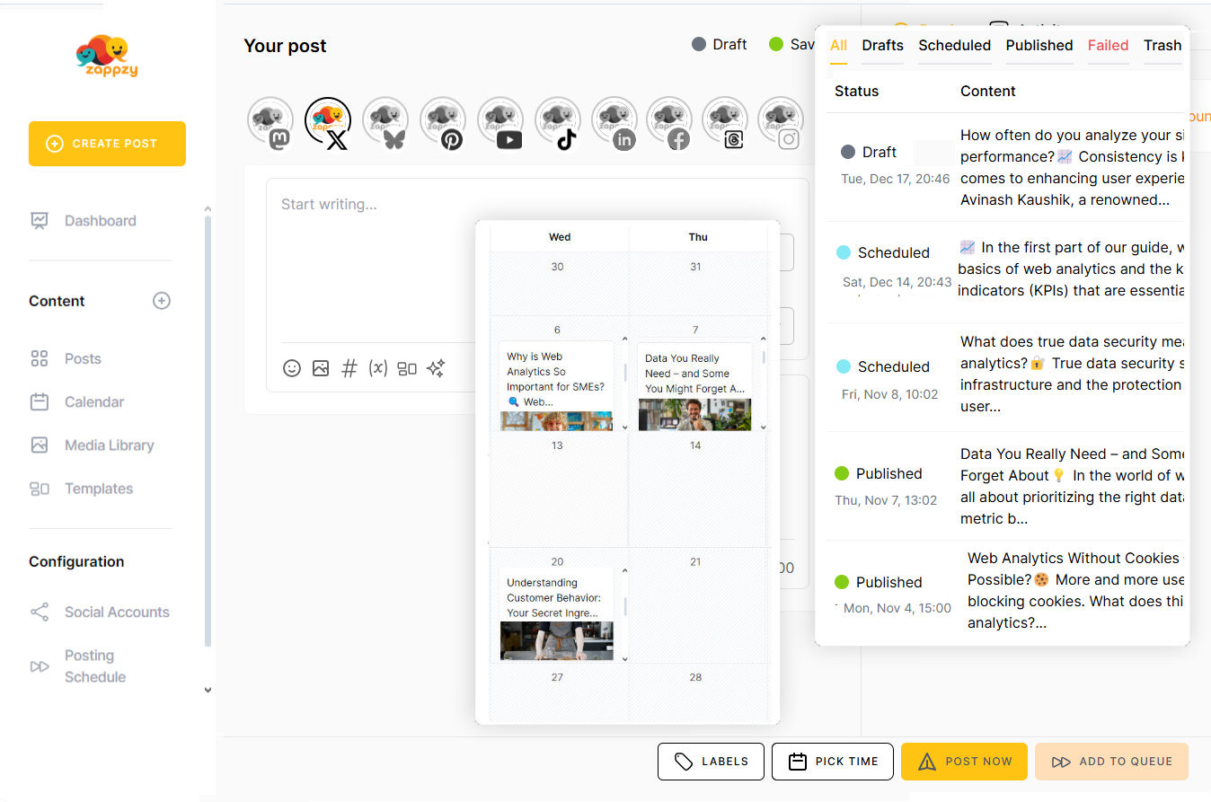 With zappzy, you can plan tweets, track performance, and soon even manage replies and mentions—all in one place.
